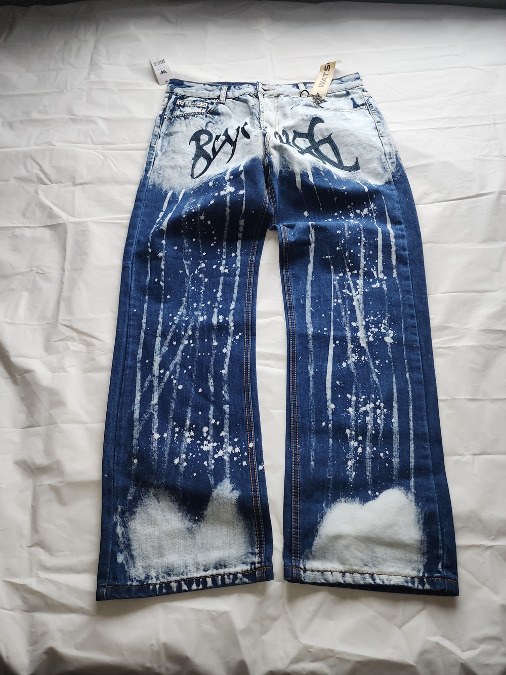 WATSON MEN'S EMBROIDERED REVENGE HAND BLEANCHED DENIM JEANS SIZE 36W / 34IN NWT